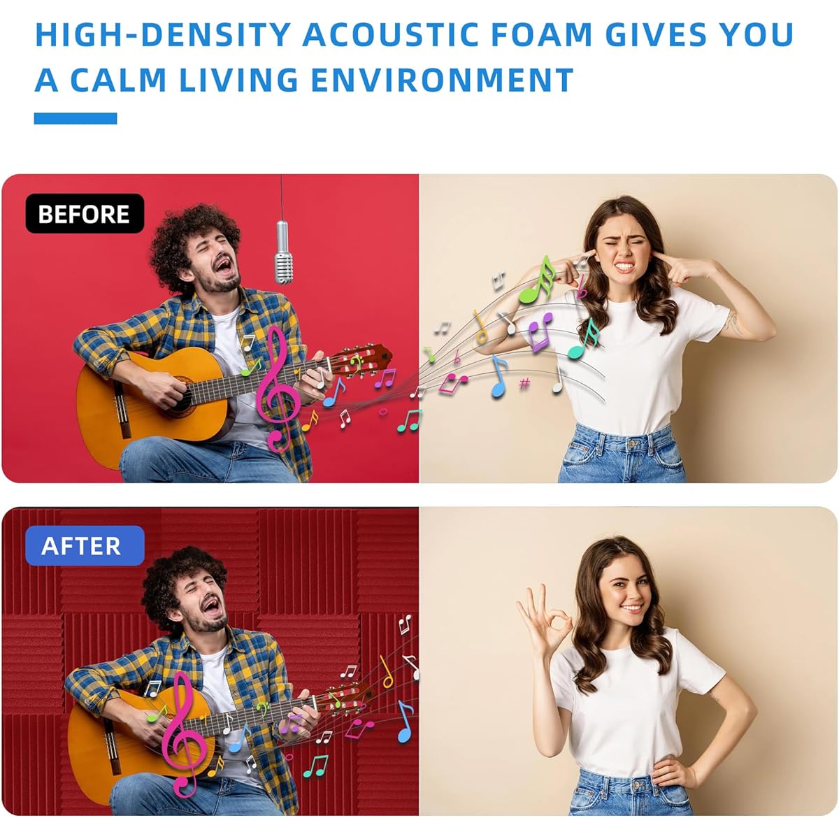 Temgcuam Acoustic Panels 1" x 12" x 12" Acoustic Foam Panels Studio Wedge Tiles Sound Panels Wedge Soundproofing Foam Liners (24 Pieces, Red)