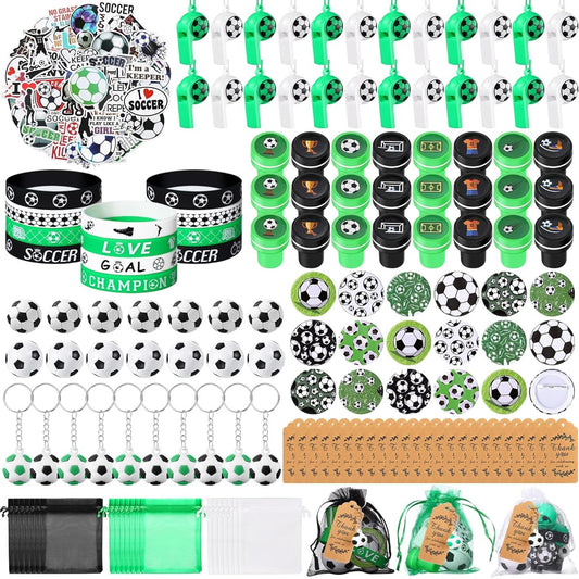 Aoriher 266 Pieces Basketball Baseball Football Soccer Party Favors Sports Party Supplies Gift Set Stress Ball Sticker Whistle Keychain Bracelet Eraser Badge Organza Bag Thank You Tag (Soccer)