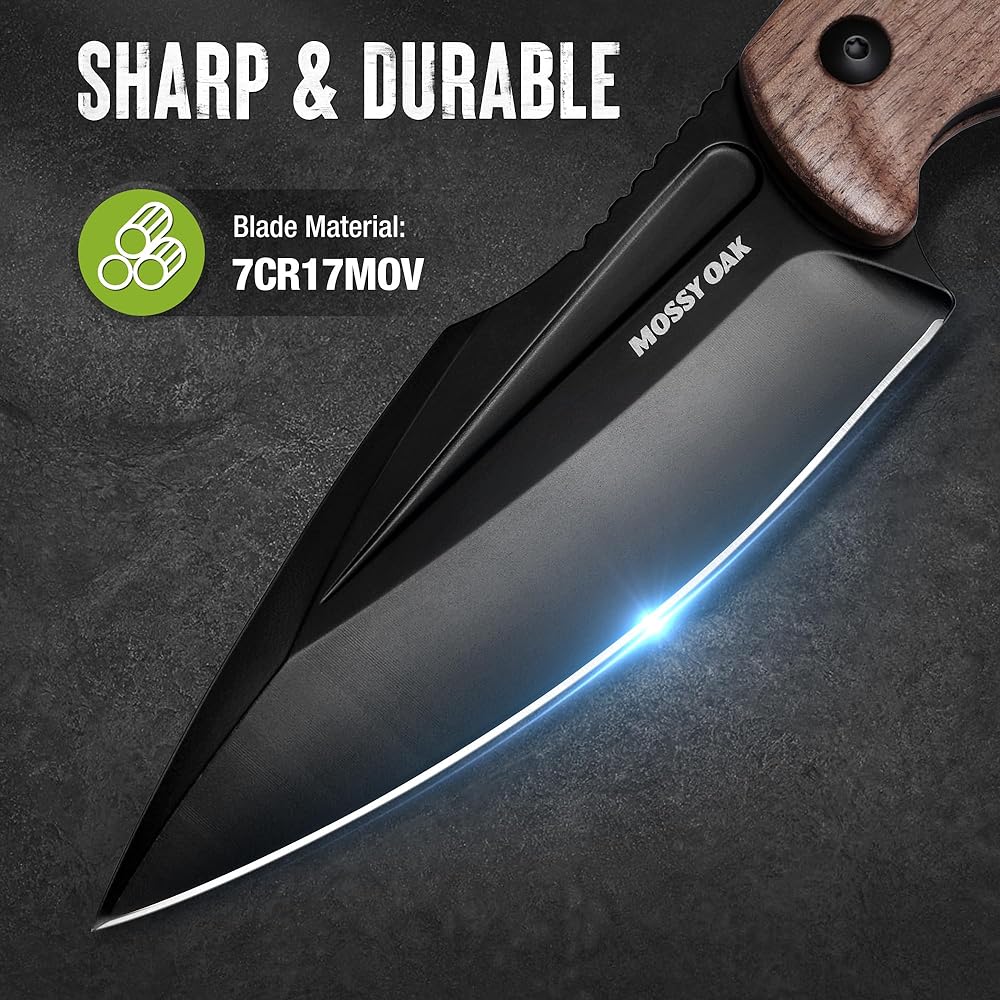 MOSSY OAK Knife, Outdoor Knife, Sheath Knife, Full Tang Structure, Total Length 215mm, Natural Wood Handle, For Mountain Climbing, Camping, Trekking, Fishing, Home Use, DIY, Disaster Prevention, Comes with Dedicated Sheath