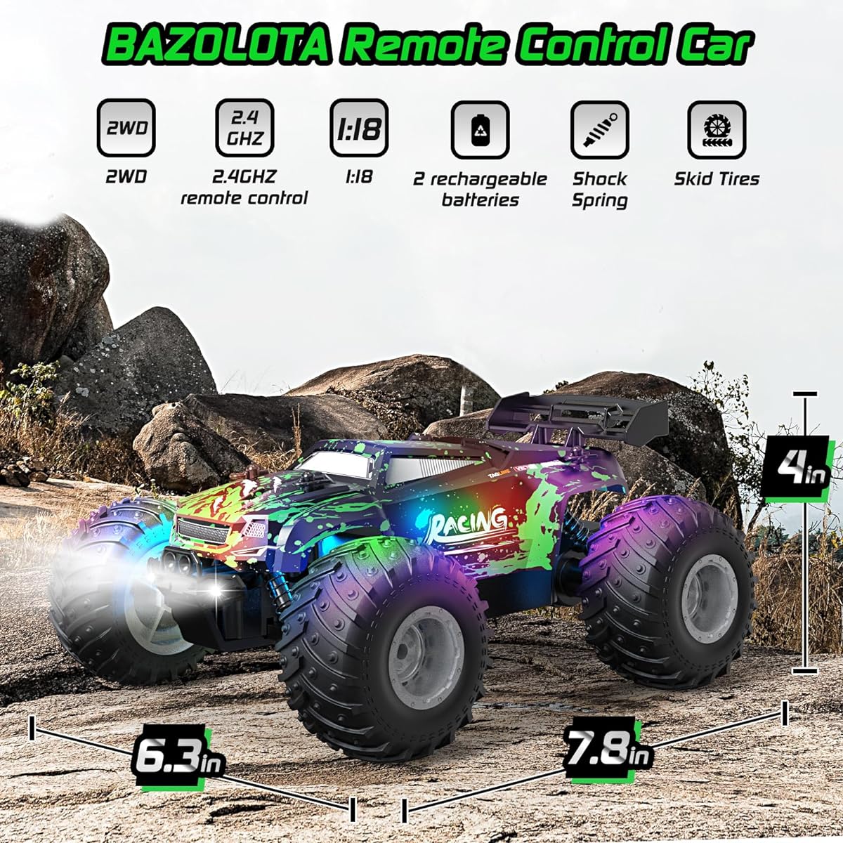 BAZOLOTA RC Car 1:18 Multiple Terrain RC Truck 2WD 20Km/h High Speed Remote Control Car with LED Lights and 2 Rechargeable Batteries Monster Truck for Kids and Adults