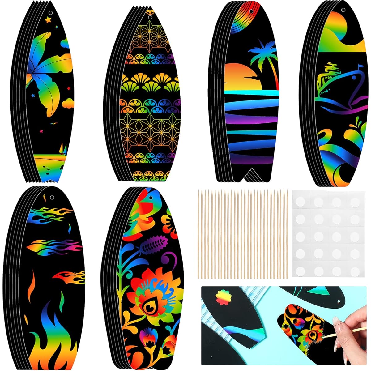 Libima Scratch Bookmarks Surfboard Craft Kit for Kids, Rainbow Mini Surfboard Card Decorations Luau Theme Party Favors Beach Party Favors for DIY Crafts, 6 Styles