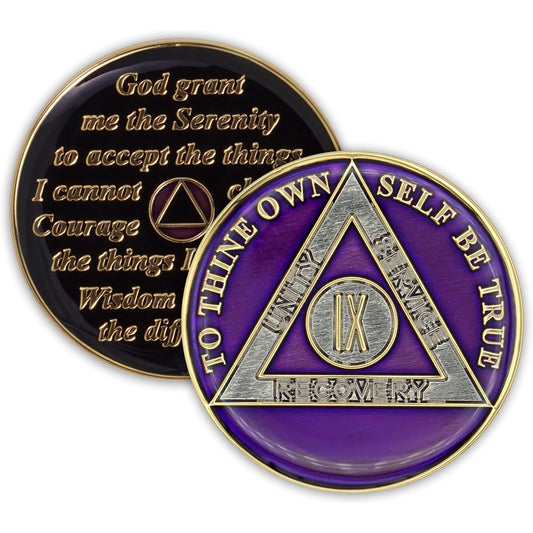 9 Year Sobriety Coin | Tri-Plate AA Chip | Restoration Commemorative Token (Purple)