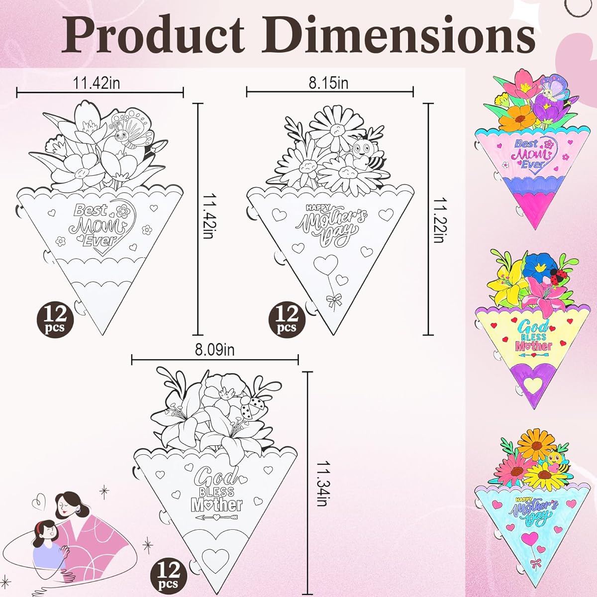 Hollowfly 36 Pieces Mother's Day Crafts for Kids Color Your Own Mother's Day Bouquet DIY Crafts for Kids Mother's Day Projects Preschool Activities