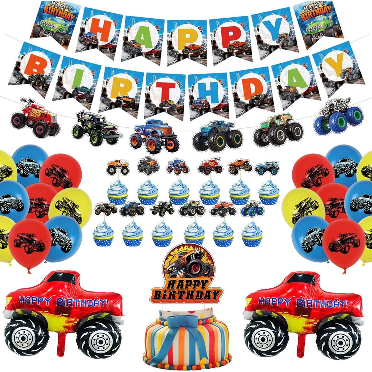 Truck Birthday Party Supplies Truck Party Decorations Truck Birthday Banner with Truck Shape Balloons and Cake Topper for Kids Birthday Party