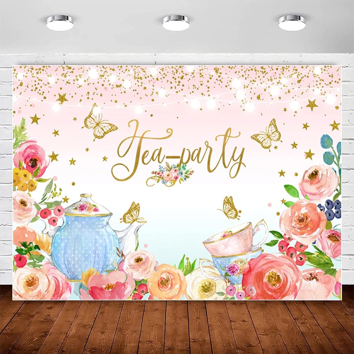 Pink Floral Tea Party Backdrop Glitter Gold Dots Butterfly Let's Partea Photography Background for Women Birthday Bridal Baby Shower Decorations Girls Wonderland Party Banner Photo Booth Props 10x7ft