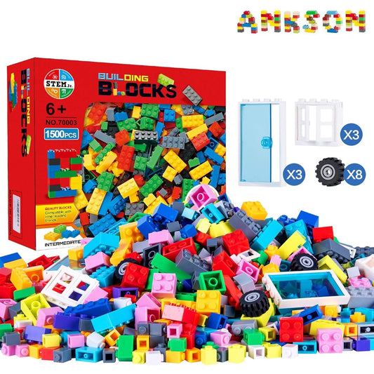 Anksono 1500 Pieces Building Bricks for Kids, Doors, Windows, Wheels, Tires, Axles, Classic Building Bulk Blocks, Fits All Major Brands, for Boys and Girls Ages 3 4 5 6 7 8 9 10