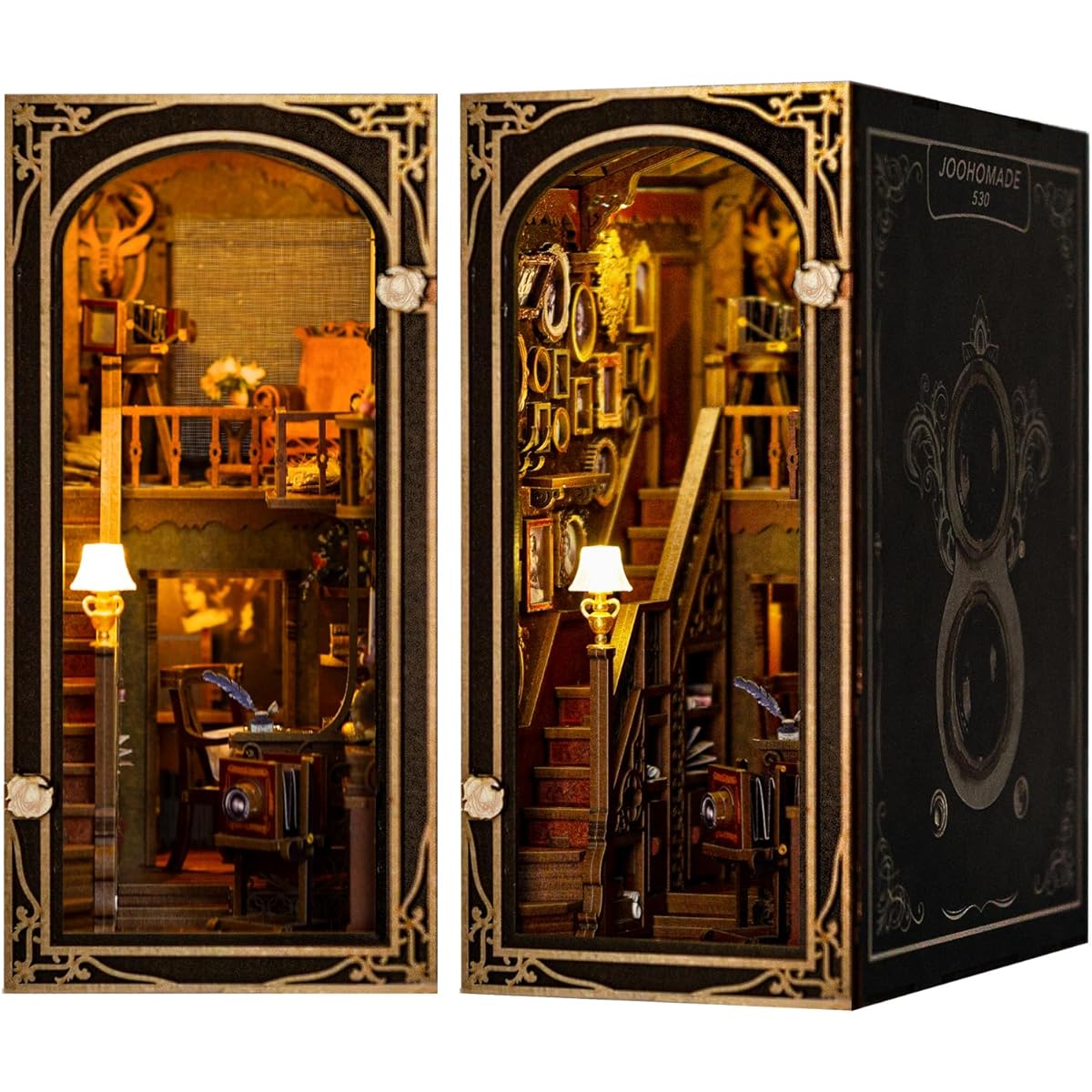 JOOHOUR DIY Book Nook Kit Dollhouse Miniature Bookshelf Insert Decorative Alley 3D Wooden Puzzle Bookends Model Building Kit with LED Lights Gifts for Teens and Adults Back to Memory
