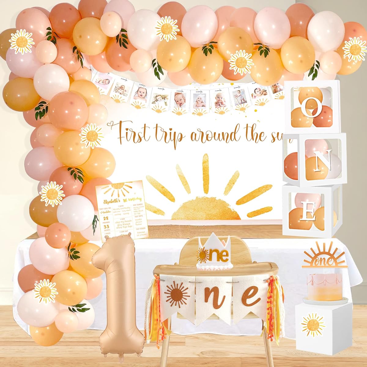 Shempeium First Trip Around The Sun Birthday Decorations Party Supplies Boho Sun 1st Birthday Decorations for Girls First Trip Around The Sun Balloon Box Backdrop 1st Birthday Girl Decor Sun Theme First Birthday Party Supplies
