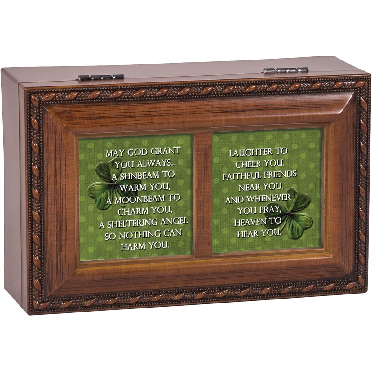 God Grant Shamrock Wood Finish Small Jewelry Music Box Plays Irish Lullabies