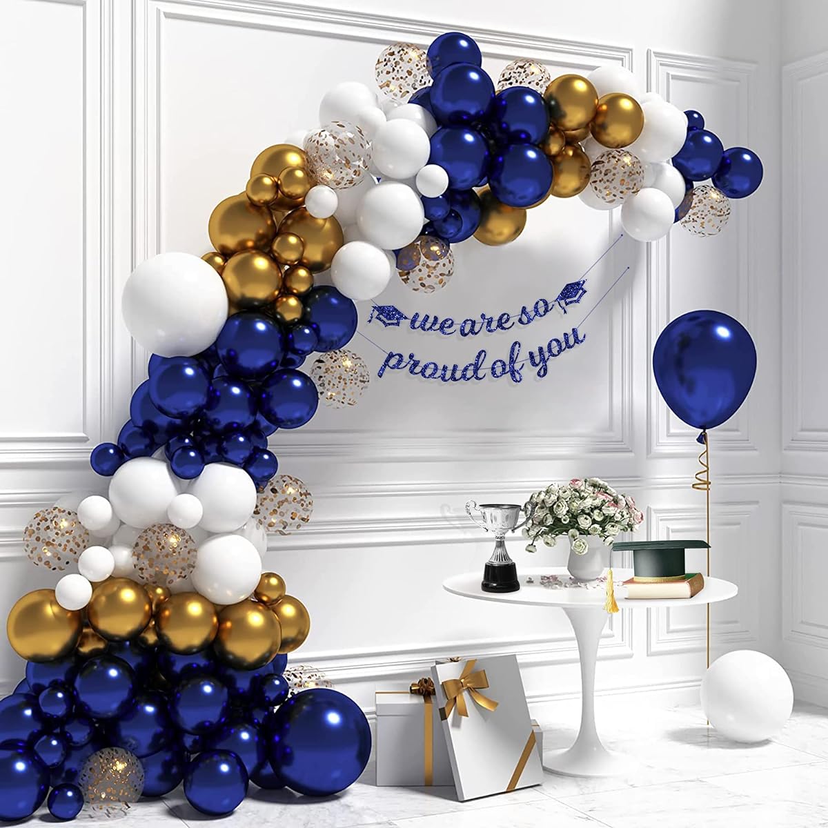 HOUSE OF PARTY Navy Blue and Gold Balloon Arch Kit, 99pcs 5/10/12/18inch White Gold and Blue Balloons | Royal Blue Balloon Garland for Birthday Wedding Baby Shower Gender Reveal Party Decorations
