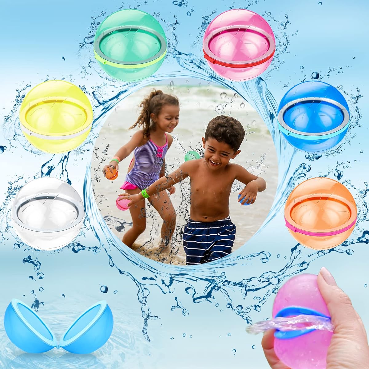 Qidordour SOPPYCID 6pcs Refillable Reusable Water Balloons for Kids Quick Fill Self Seal Water Bomb Balls Magnetic Water Splash Balls Swimming Pool Water Fight Playing Toys