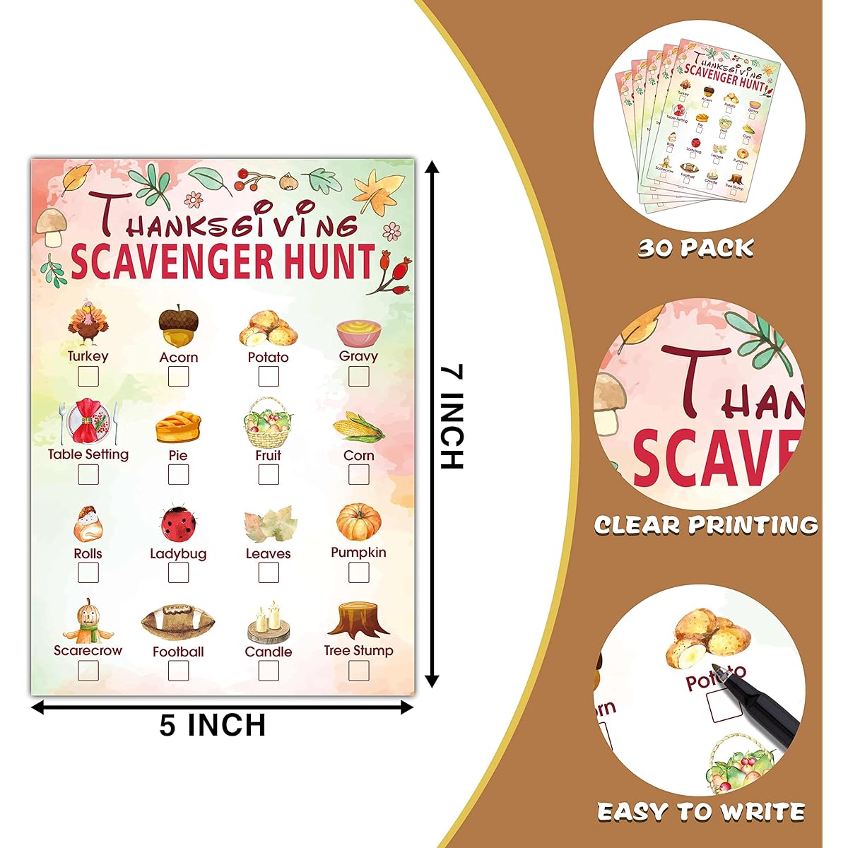Thanksgiving Scavenger Treasure Hunt Game Fall Pumpkin Party Game Cards Kids Fall Activities Holiday Hunt Thanksgiving Party Supplies Decorations(30 Pack) 03