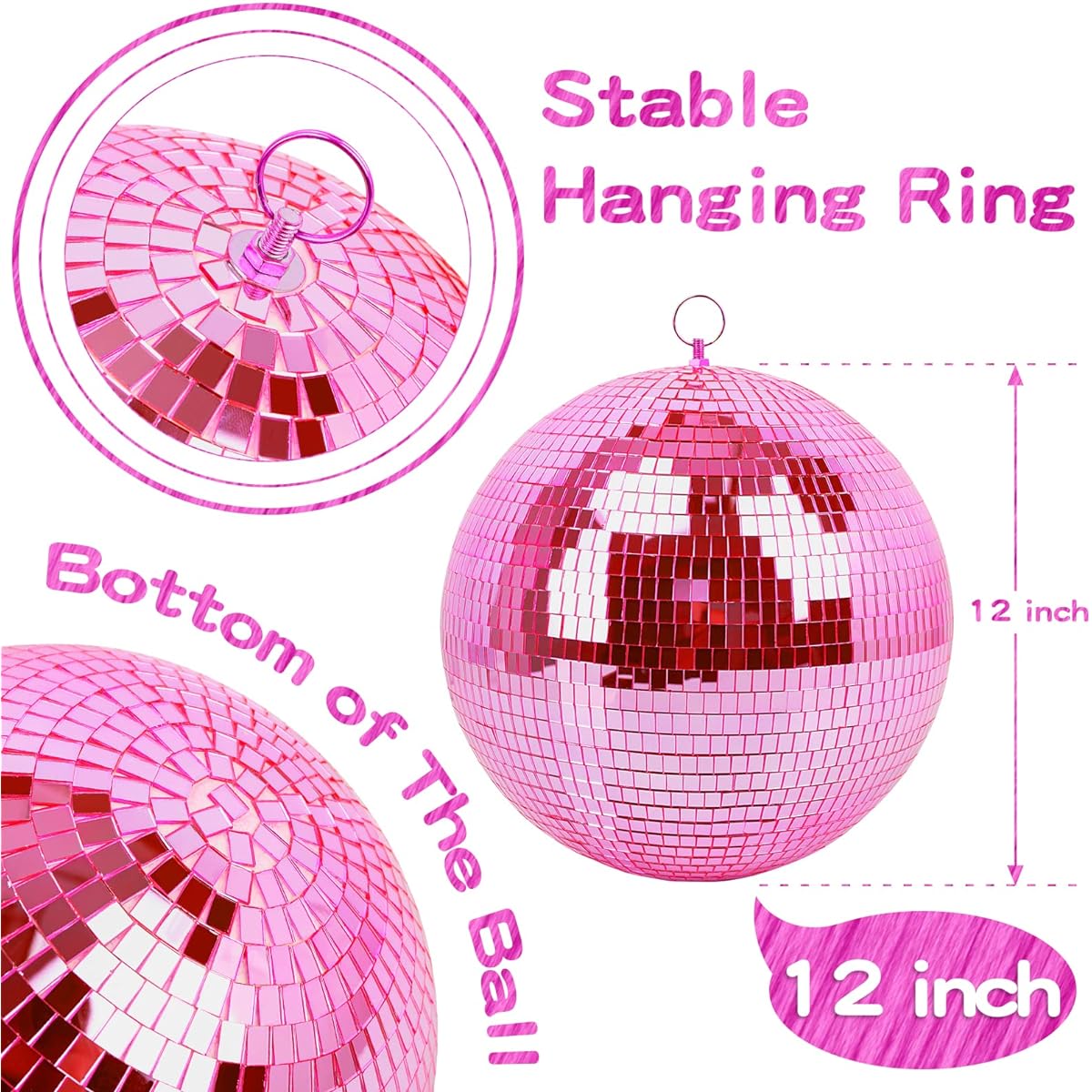 Mirror Ball Disco DJ Club Party Wedding Home Decor Muscab 12 Inch Disco Ball with Hanging Ring Pink