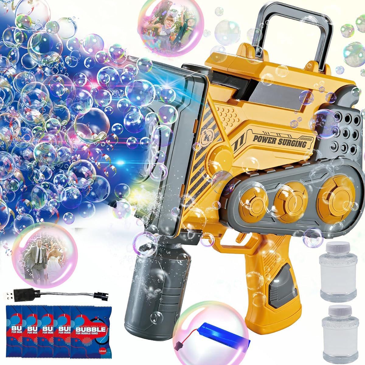 JOY SPOT Upgraded Automatic Bubble Machine with Light 16 Holes Engineer Bubble Maker for Adults Kids Blower Machine Blaster Summer Toys for Birthday Wedding Party Outdoor Best Gift
