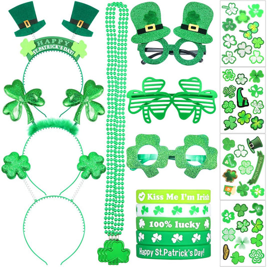 18-Piece St. Patrick's Day Party Favors Set, 3-Piece St. Patrick's Day Headband, 3-Piece Shamrock Glasses, 3-Piece Green Bead Necklace, 4-Piece Irish Window Decal, 5-Piece Lucky Bracelet