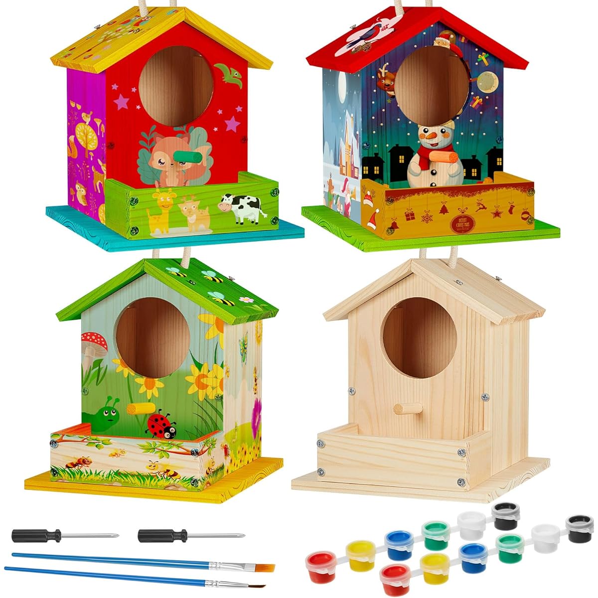 Liliful 4 Pack Birdhouse Kit, DIY Wooden Birdhouse with Paints and Paintbrushes, Arts & Crafts Painting Kit for Boys, Girls, Adults, Paint-As-You-Go Fun Classroom Birthday Indoor Outdoor Craft Activity
