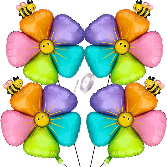 4pcs Bee Balloons Colorful Smiley Face Flower Balloon Decorations 40 Inch Large Flower Balloons Spring Themed Birthday Party Supplies First Bee Day Girls Honeybee Decorations Bee Theme Baby Shower Balloons