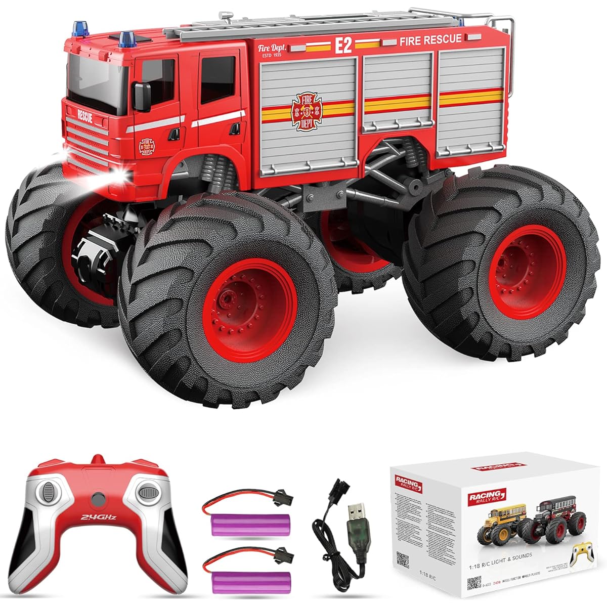 Desdoni Remote Control Car Radio Control Fire Truck for Kids RC Monster Truck Toys 2.4GHz 1:18 Scale Model Vehicle with LED Lights Sound Racing Sports Toy Car for Adults Boys Girls Kids Gifts 2 Batteries