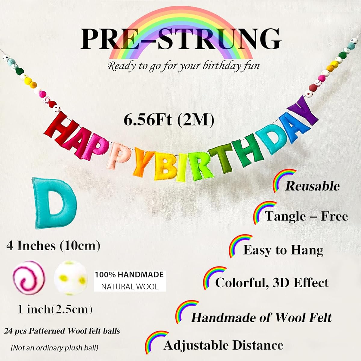 Pre-strung Happy Birthday Banner - Felt Ball Garland - HAPPY BIRTHDAY Garland Rainbow Birthday Decorations Birthday Decorations Party Decorations Photo Props Customizable