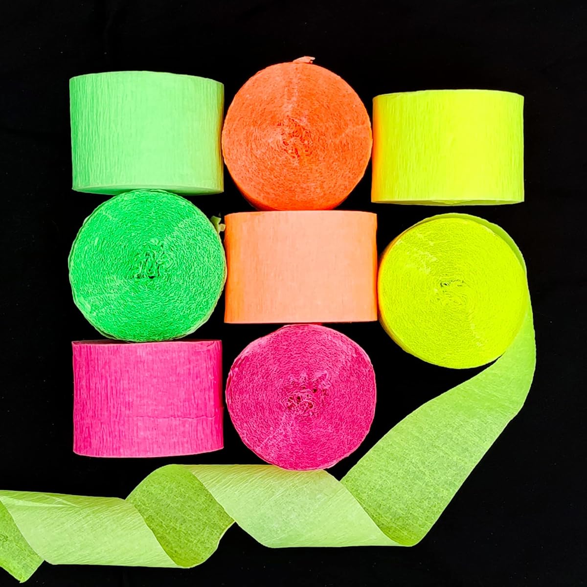 Glow In The Dark Crepe Paper Fluorescent Neon Paper Streamers 8 Rolls for Party Decorations Wedding Birthday Neon Party Fiesta Party Prom Dance Party Photography