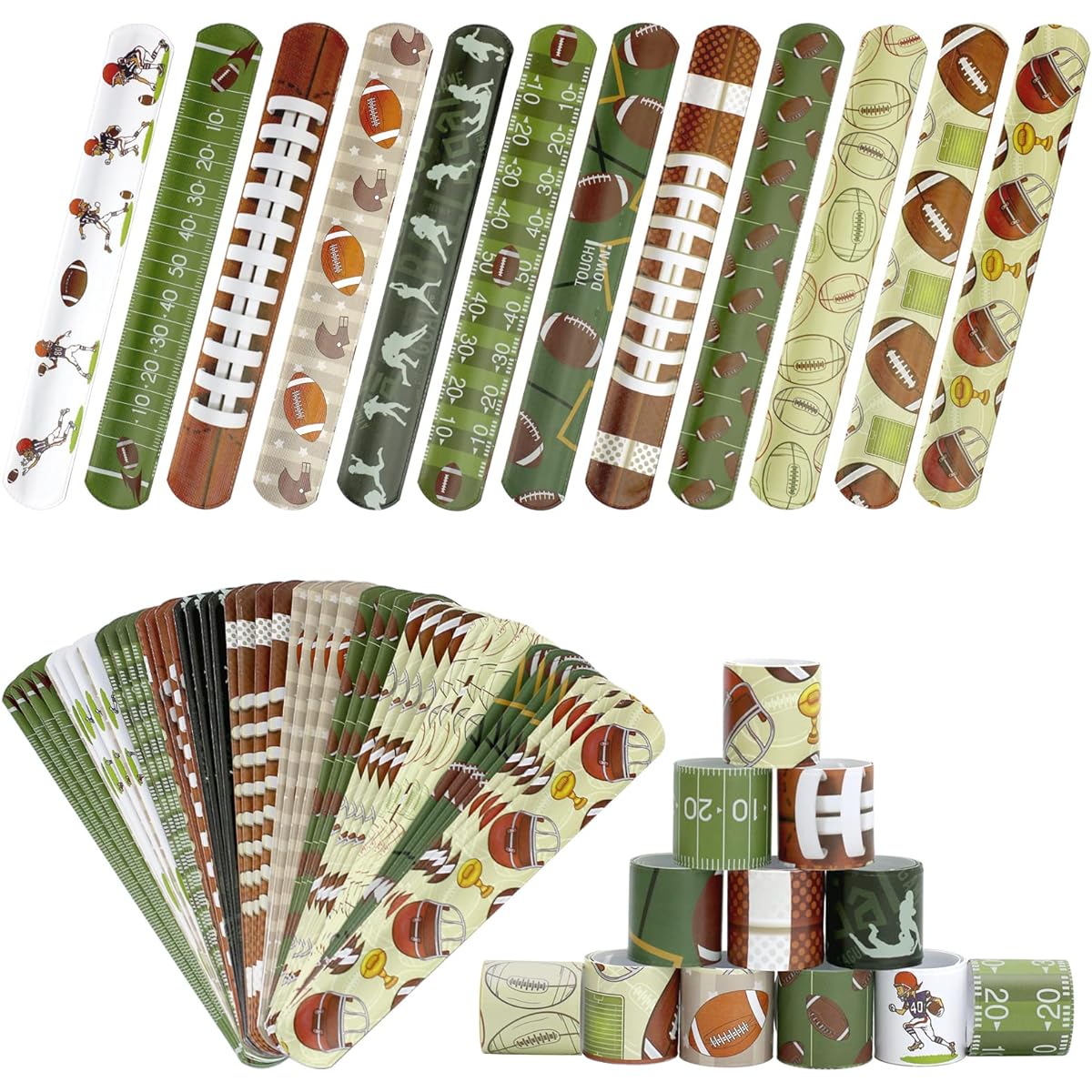 Hpscdyo 72pcs Football Slap Bracelets Wristbands Football Party Favors Football Birthday Rugby Match Party Supplies Kids Classroom Gifts Sports Theme Bracelets for Kids and Adults, 12 Patterns