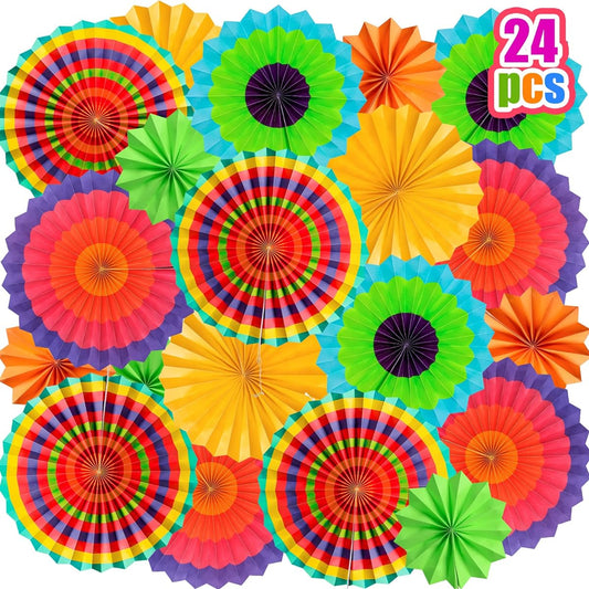 24 Pieces Hanging Paper Fans Party Decorations Fiesta Party Supplies Photo Props Cinco de Mayo Carnival Mexican Taco Tuesday Vibrant Colorful Kids Party Birthday Baby Shower Multicolor