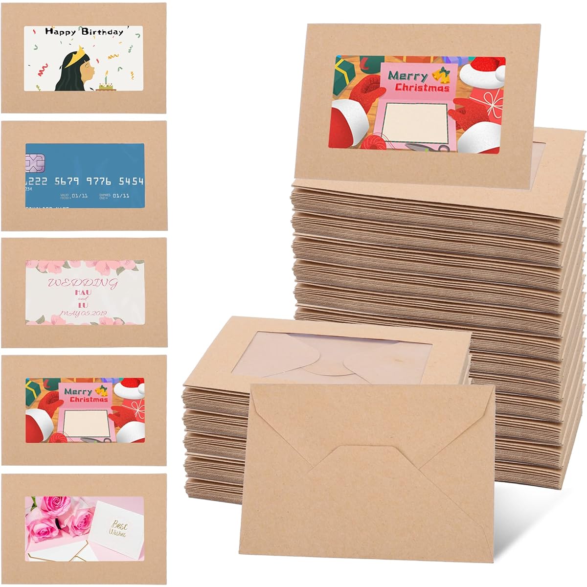 200 Window Gift Card Envelopes - 4.12" x 2.8" Mini Brown Kraft Envelopes for Business Cards and Gift Cards