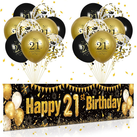 21st Birthday Decorations for Men and Women Black & Gold Black Gold Birthday Garden Balloons Banner Signs 18 Pieces 30 Years Old Happy Birthday Balloons 30th Anniversary Birthday Party Supplies Outdoor Garden Decorations