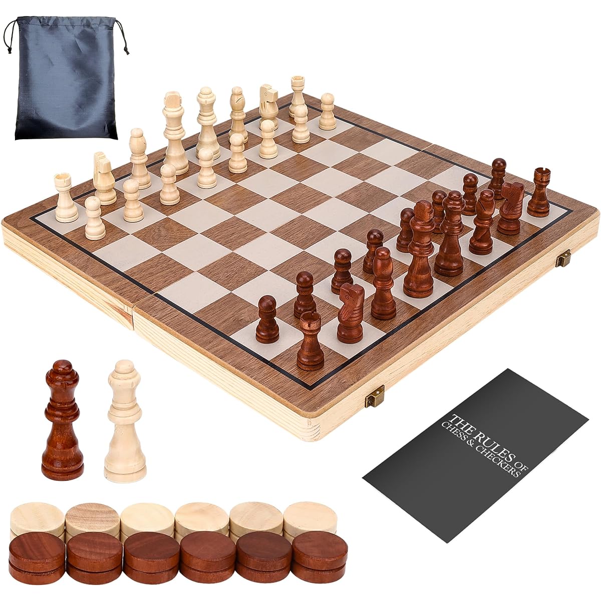 Kiapeak Chess Board Set, 15" Wooden Chess Set for Adults & Kids, Checkers Board Game, Handmade Folding Chess Board with 2 Extra Queens