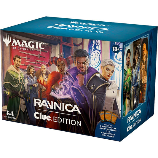 Magic: The Gathering Ravnica: Clue Edition - 3-4 Player Murder Mystery Card Game (Includes 8 Ready-to-Play Boosters, 21 Evidence Cards, 1 Foil Shockland, and Detective Game Accessories)