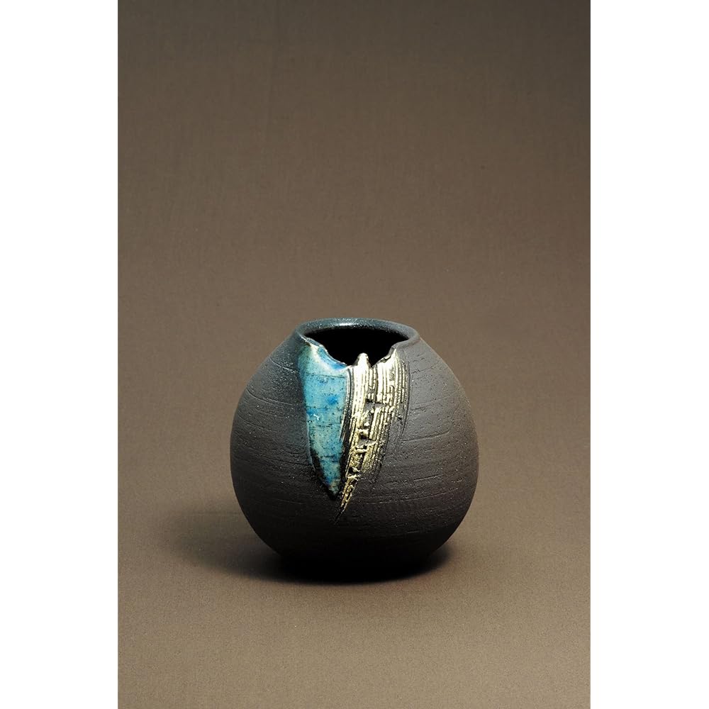 Marui Seito Shigaraki Ware Hechimon Vase Flower Base Large Round Blue Glaze Gold Pottery MR-1-2534