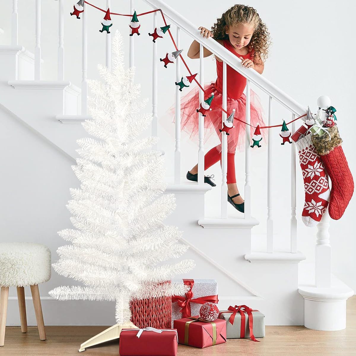 Maylaviu Christmas Tree, 4ft White Artificial Mini Christmas Tree, Small Christmas Tree Decoration, Easy Assembly for Indoor and Outdoor Use