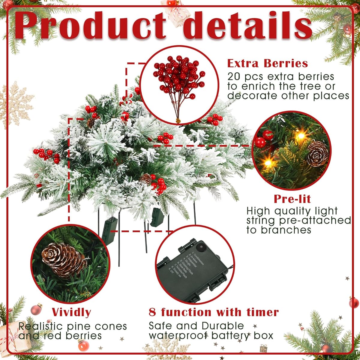 Tigeen 2 Pieces 22 Inch Lighted Artificial Christmas Tree Urn Pre-Lighted Christmas Tree with Cone and Red Berry 20 Pieces Artificial Red Berry Stem Holiday Outdoor Home Decoration (Snow Version)