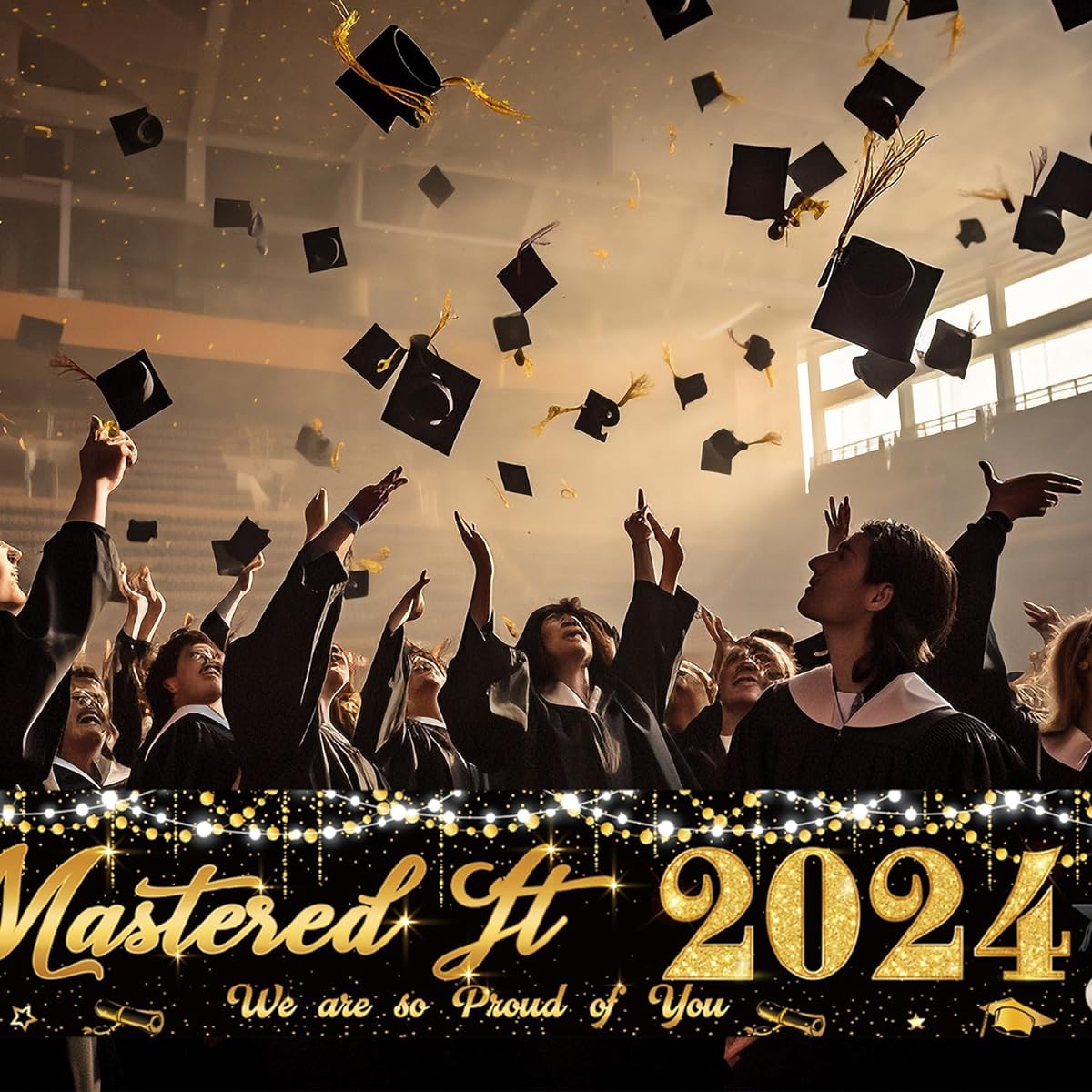 Mastered It Banner Large 9.8x1.6ft Masters Graduation Decorations Black Gold Masters Garden Banner 2023 Mastered It Graduation Party Supplies for Outdoor Indoor Front Door Fence Supplies tinei