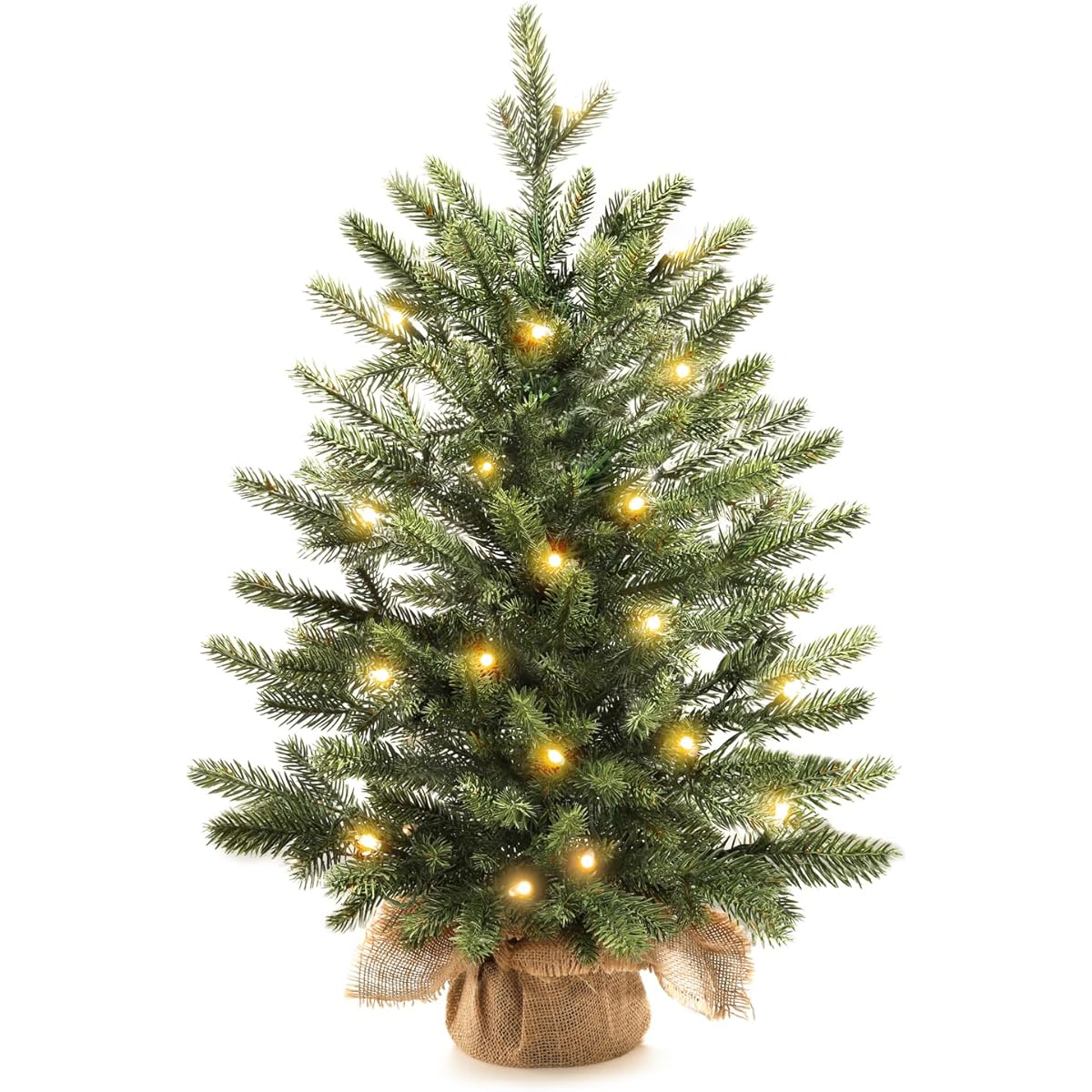 Mini Christmas Tree 24 Inch with 25 LED Lights 2 Feet Decorative Burlap Artificial Tabletop Christmas Tree Home Party Decoration for Kitchen Dining Room Window