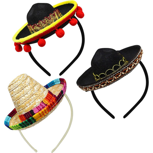 3 Piece Cinco De Mayo Fiesta Fabric and Straw Sombrero Headband Party Costume Fun Fiesta Hats Party Supplies Luau Event Photo Props Mexican Theme Decorations Dia De Muertos Party Favors