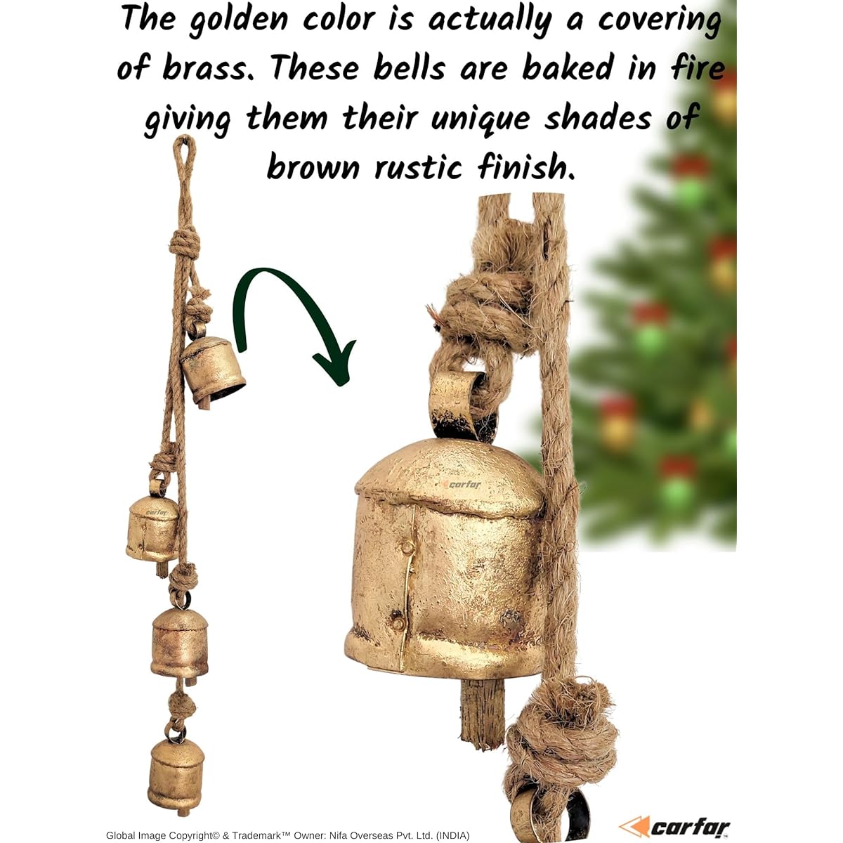 Carfar Rustic Style Bell Cluster Handmade Metal Harmony Christmas Cowbell Hanging on Jute Rope
