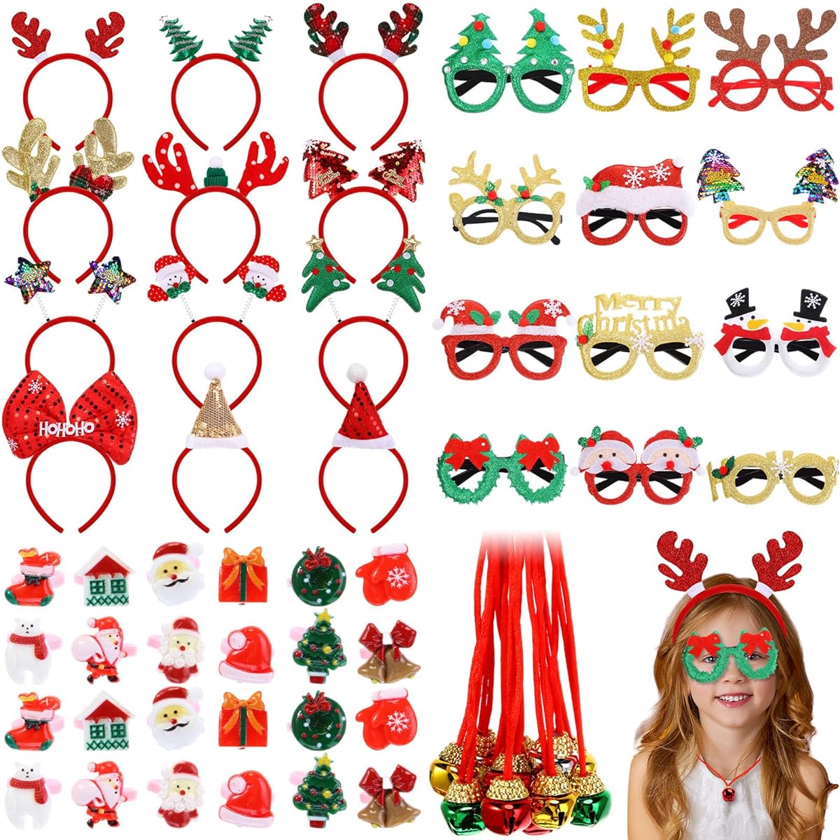 Cindeer 48pcs Christmas Party Favors for Kids, 12pcs Christmas Glasses Frames, 12pcs Funny Christmas Headbands, 12pcs Christmas Bell Necklaces, 12pcs Jewelry Rings, Christmas Party Supplies