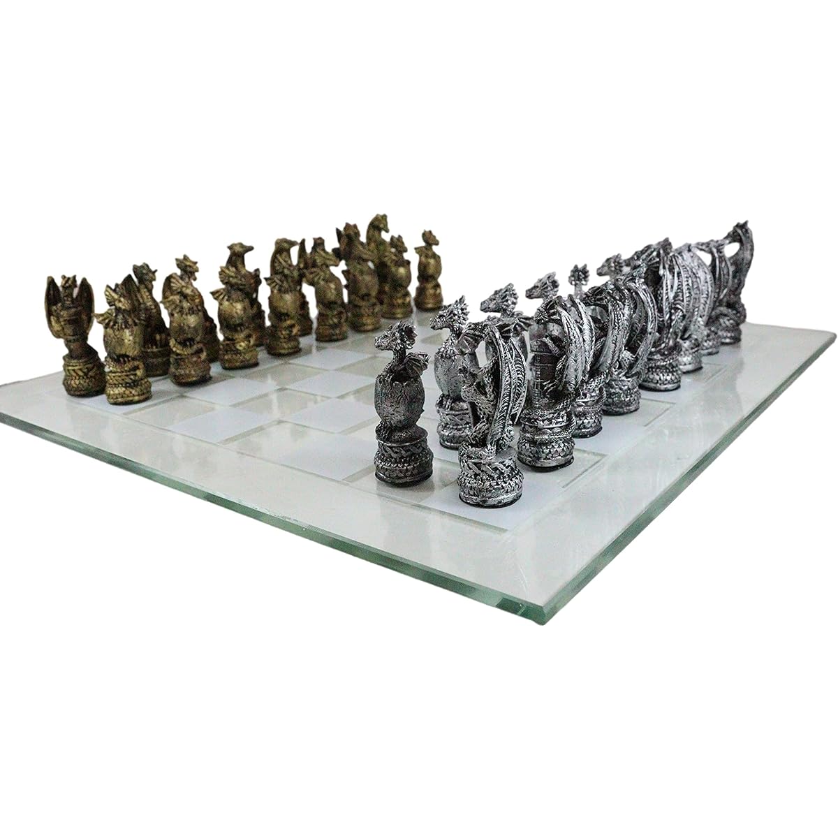 Ebros Mythology Medieval Fantasy Silver and Gold Dragons Old World Kingdoms Resin Chess Pieces Frosted Glass Board Set Dungeons and Dragons Themed Brain-Calming Board Game