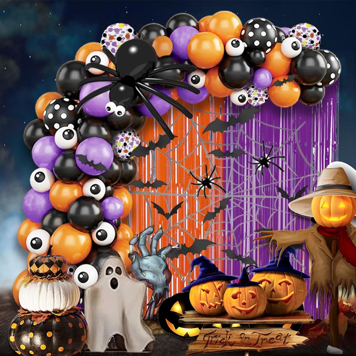 AIBIIN Halloween Party Balloons, 153pcs Halloween Balloons Arch Garland Kit Black Orange Purple Confetti Balloons Orange Purple Foil Fringe Curtain for Halloween Birthday Baby Shower Party Balloon Supplies