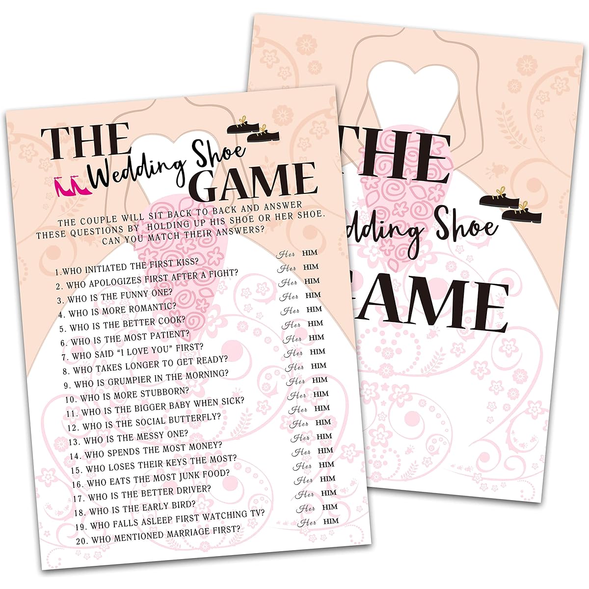 Bridal Shower Game Cards Wedding Shoes Game Bride with Flowers Pink Engagement Party Cards for Weddings Set of 30 (Dress004)