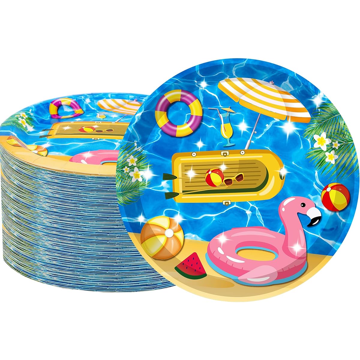 Beach Party Supplies Beach Balls Pool Summer Party Plates 7" Pool Paper Plates Beach Theme Kids Summer Beach Party Pool Party Luau Balls Water Tubes Picnic Beach Birthday Party Decorations 40pcs