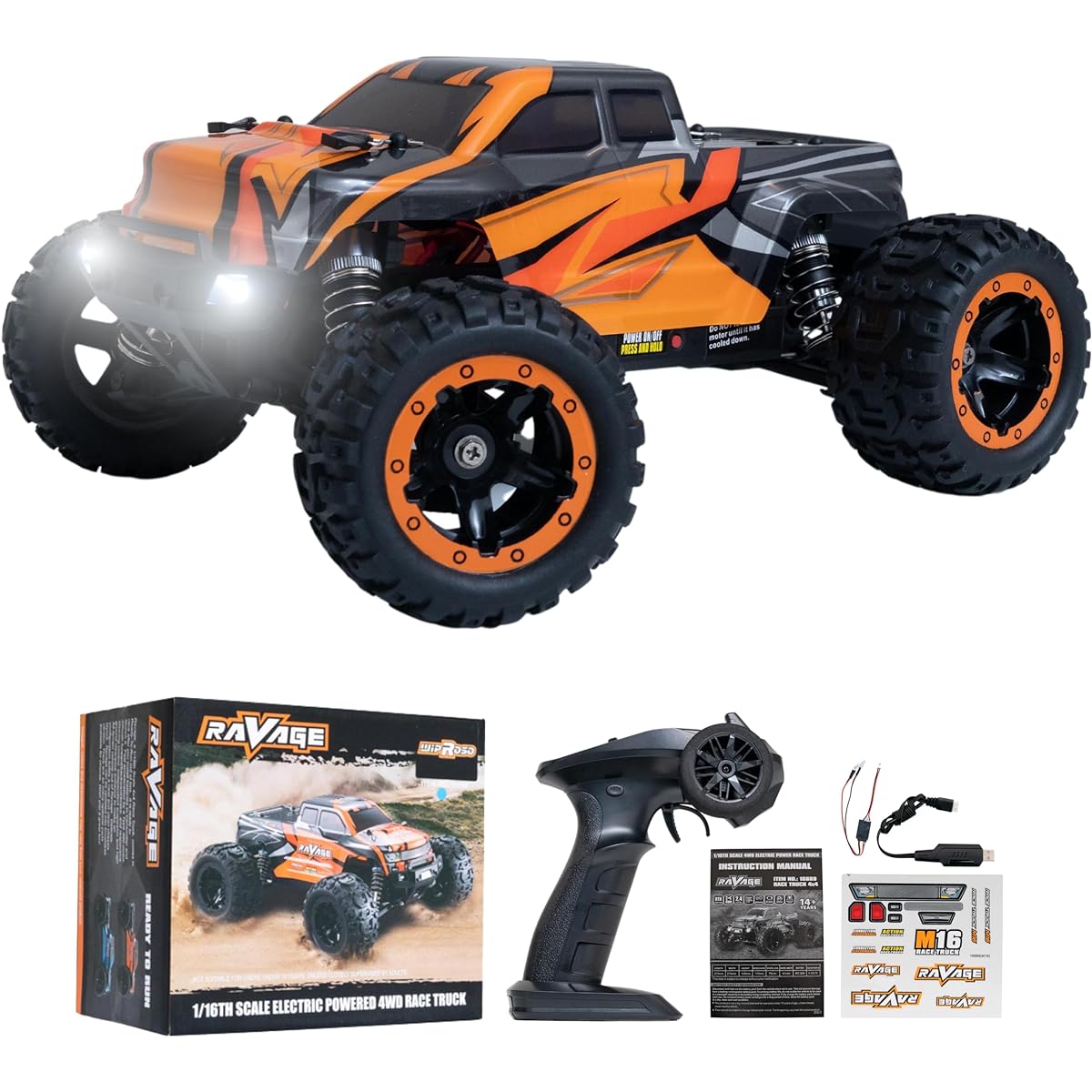 wiproso 1/16 Scale Electric 4WD Race Truck with 16889 LED Headlight 2.4GHz RC Car with Lithium Polymer Battery and Remote Control (Orange)