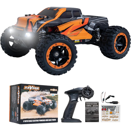 wiproso 1/16 Scale Electric 4WD Race Truck with 16889 LED Headlight 2.4GHz RC Car with Lithium Polymer Battery and Remote Control (Orange)