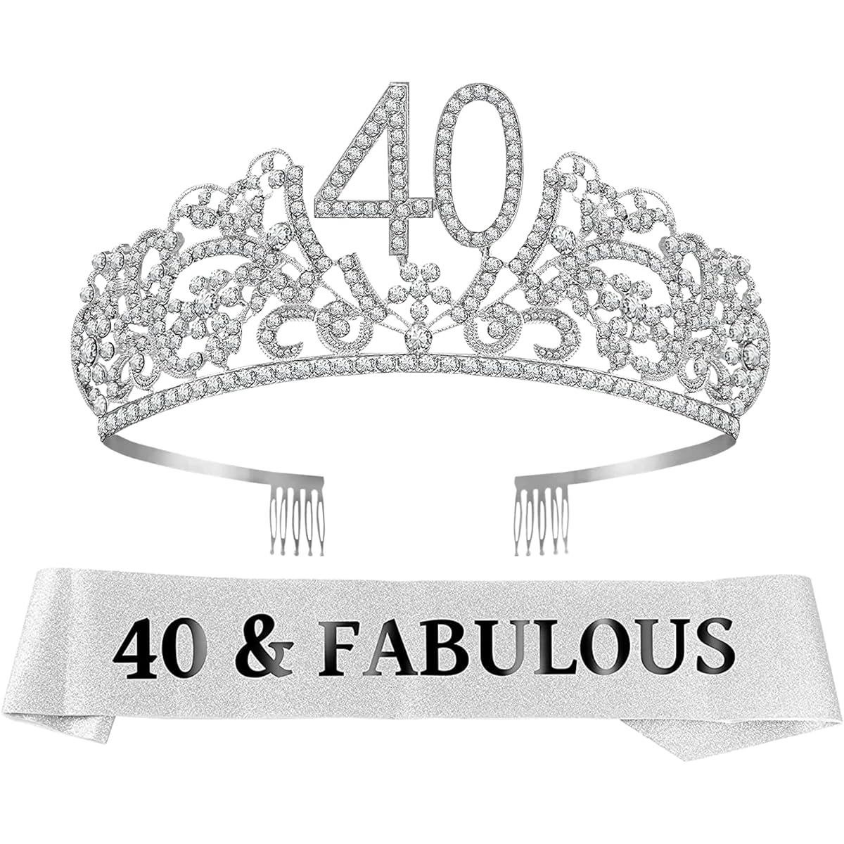 40th Birthday Sash and Tiara for Women - Fabulous Glitter Sash + Flower Rhinestone Silver Premium Metal Tiara for Women 40th Birthday Gifts for 40th Party