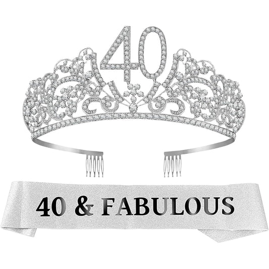 40th Birthday Sash and Tiara for Women - Fabulous Glitter Sash + Flower Rhinestone Silver Premium Metal Tiara for Women 40th Birthday Gifts for 40th Party