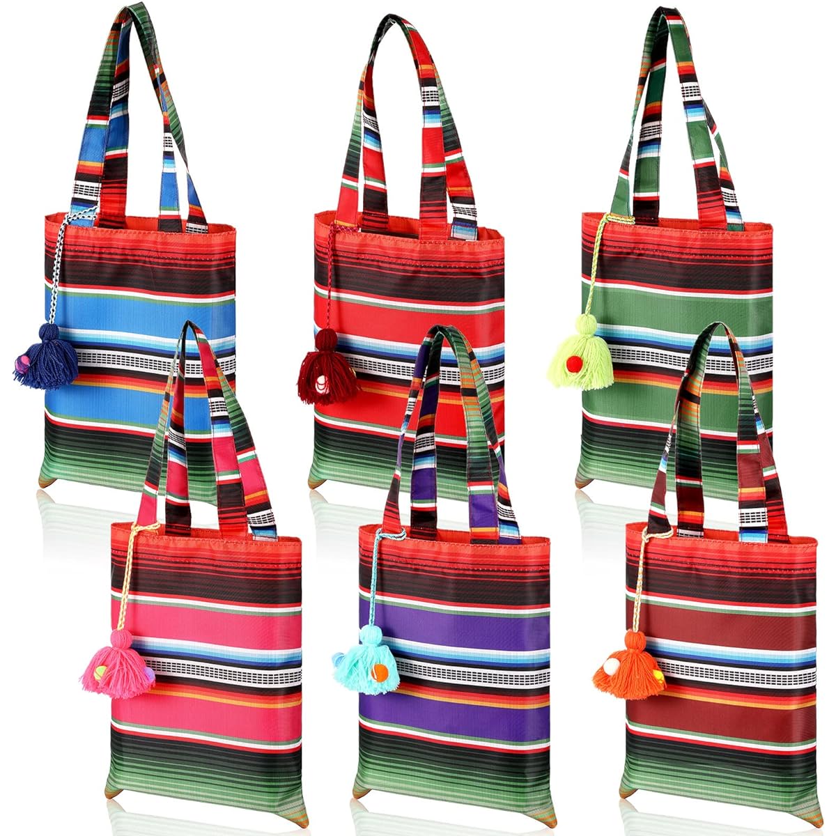 LEIFIDE Mini Mexican Party Favor Bags, 12 Pieces 10 x 8 Inch Fiesta Gift Bags with Colorful Hanging Tassels, Small Mexican Candy Goodie Bags, Polyester Mercado Bags for Mexican Themed Party Favors