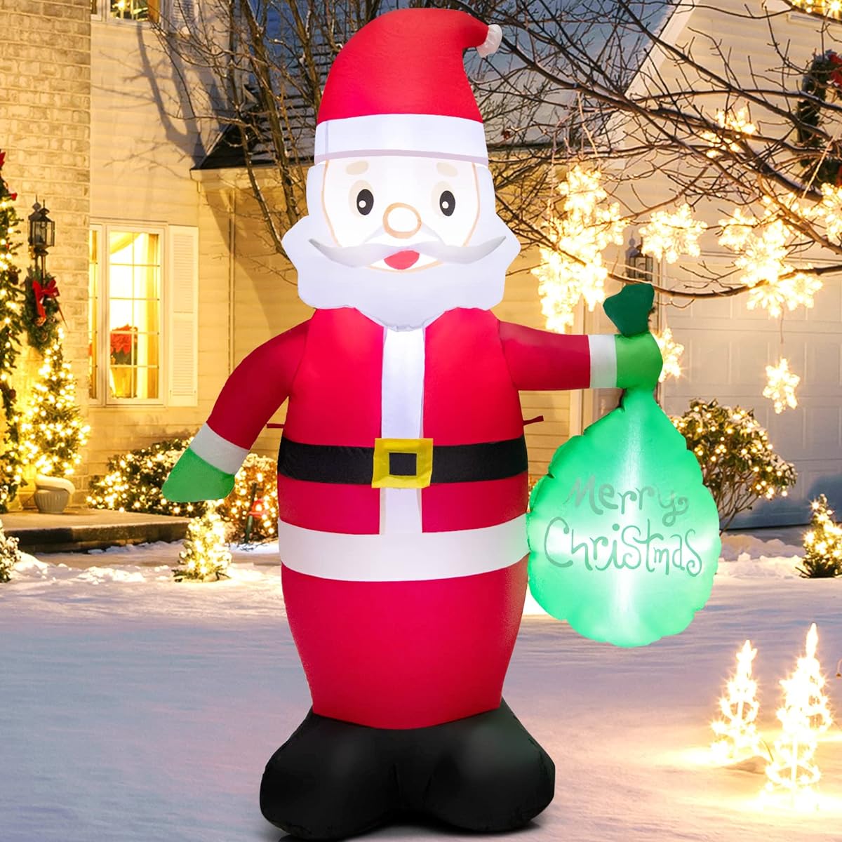 Tangkula 5ft Christmas Inflatable Santa Claus Gift Bag Self-Inflating Christmas Santa with LED Lights, Built-in Sandbag, Stakes, Waterproof for Indoor Outdoor Decorations, Yard, Garden, Yard