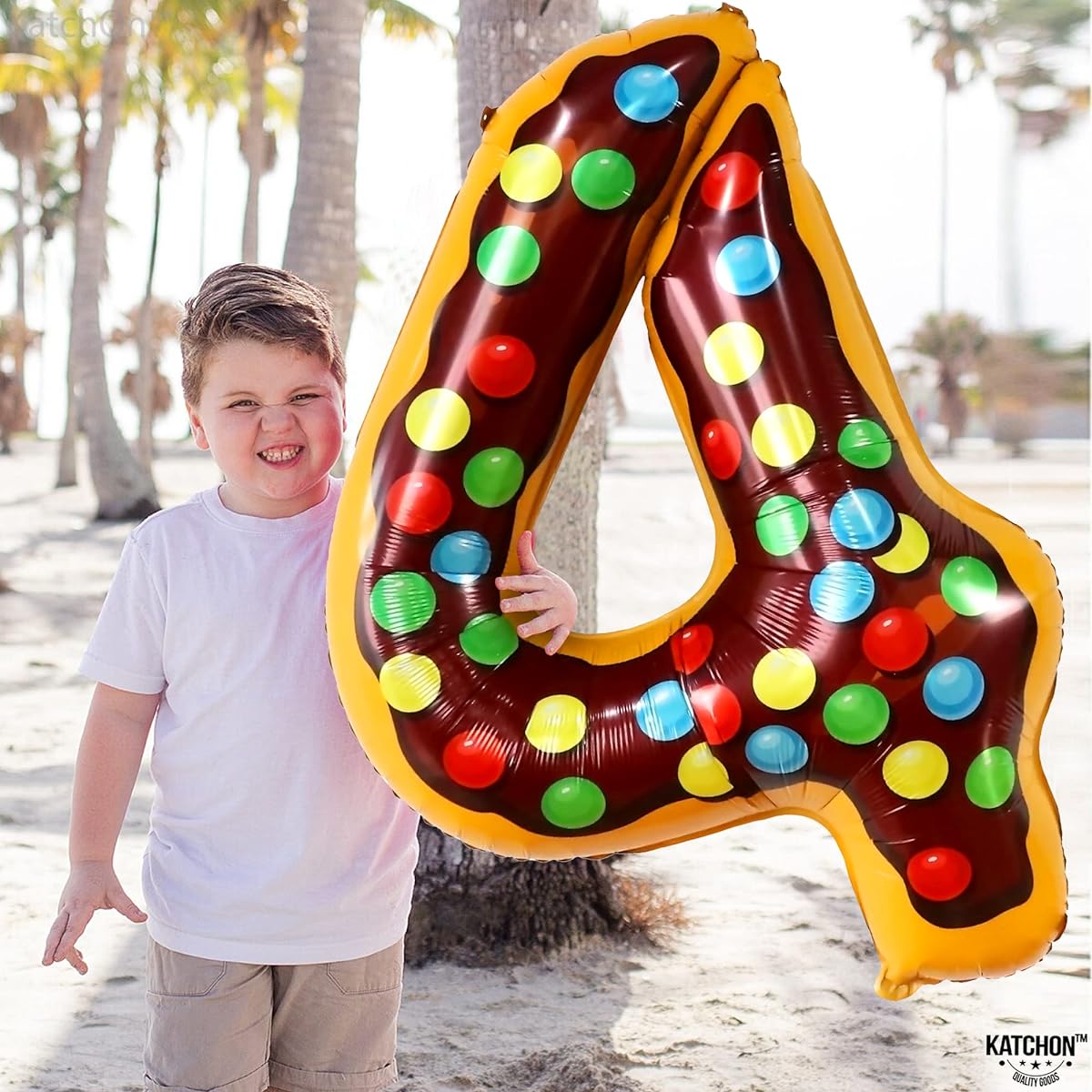 KatchOn Giant Number 4 Donut Balloon - 40 Inch | Donut Decorations for Birthday Party | Number 4 Ice Cream Balloon for 4 Ever Sweet Birthday | Donut Birthday Party Decorations | Candy Decorations