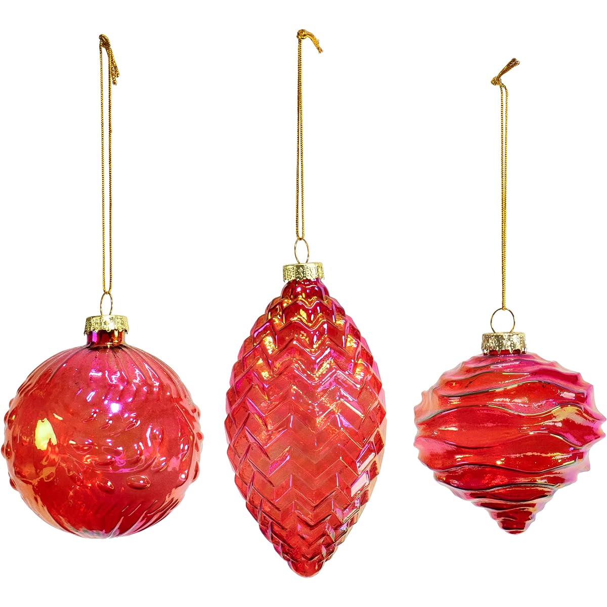Red Co. 3" Diameter Decorative Glass Hanging Christmas Tree Ornaments Set of 3 - Iridescent Red Olive, Ball & Onion